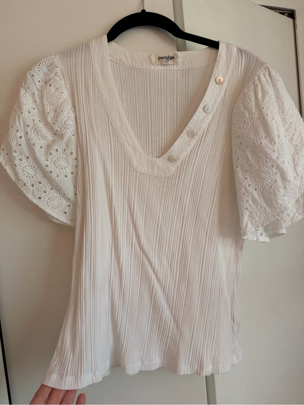 Anthropologie White Eyelet Puff Sleeve V-Neck Top